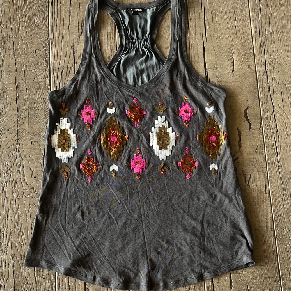 Express Embellished Tank Top, gray with pink and gold sequins, sz S